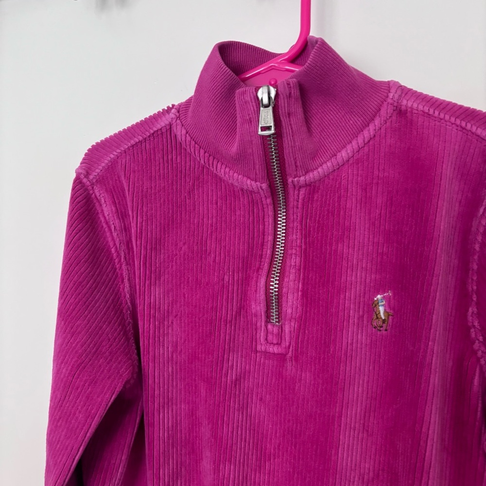 Ralph Lauren Polo girls kids quarter zip Corduroy ribbed Sweatshirt - Magenta - Picture 3 of 10